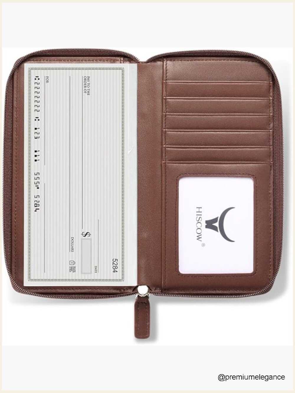 Zippered Checkbook Cover with Card Slots and ID Window - Brown
